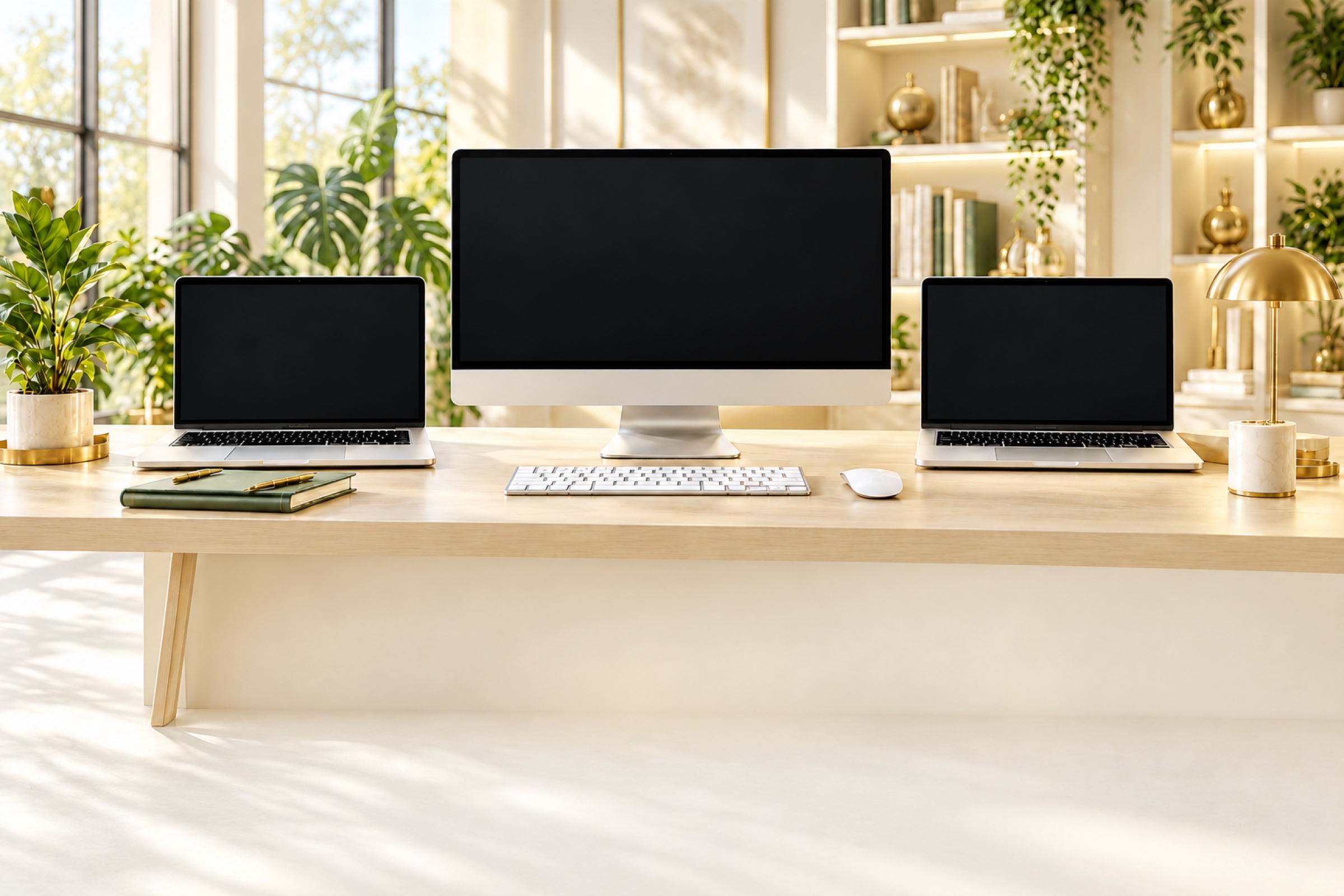 Yorug‘ premium studiya: o‘rtada iMac, ikki yonda MacBook, yashil o‘simliklar va tilla detallar